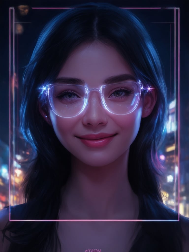 A cyberpunk beauty, wearing clear neon glasses, gazes out at the viewer with an enigmatic smile. Framed against a dark, cityscape background, she's set within the golden ratio, emphasizing her ethereal allure. Intricate details dance across her face and clothes, bathed in warm, vibrant lighting with subtle light leaks and rim highlights. Her eyes sparkle like stars, shining bright amidst the neon-lit urban landscape. The overall composition exudes a sense of charm and whimsy, as if plucked from an octane-rendered fantasy world. Artgerm's signature smooth lines and sharp focus bring this digital painting to life in stunning 32K UHD.