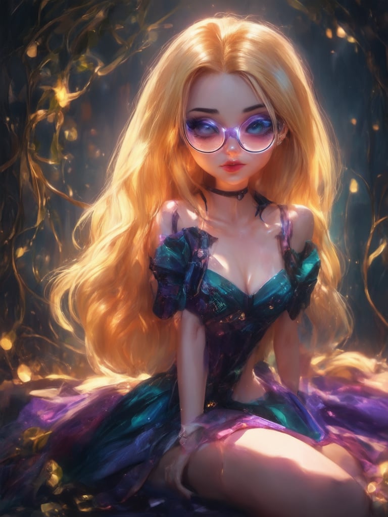 A cyberpunk girl with clear neon glasses sits majestically against a backdrop of swirling vines and metallic accents, her golden hair illuminated by a warm glow. In the foreground, intricate details like miniature cityscapes and futuristic gadgets line her dress, a testament to the Golden Ratio's harmony. (32k UHD) The illustration shines with a smooth, sharp focus, as if pulled from a fantasy novel. Ever After High meets Octane Render in this digital painting masterpiece, reminiscent of Artgerm or Loish. Subsurface scattering and rim light accentuate her captivating eyes, while vibrant complementary colors pop against the deep background. Light leaks add a touch of whimsy to this charming, heartwarming scene.