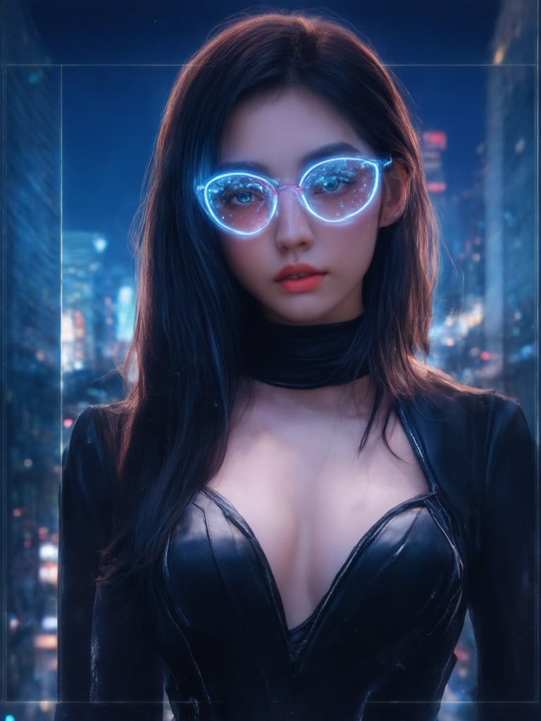 In a dystopian metropolis, a cyberpunk girl with clear neon glasses shines like a beacon of hope. Her slender figure is framed by a golden ratio composition, set against a deep blue night sky with subtle light leaks and rim lighting. The intricate details of her outfit and the decadent architecture blend seamlessly with vibrant complementary colors. Sharp focus captures every strand of hair and delicate feature, as she poses with confidence and charm. The eyes sparkle like diamonds, shining with an inner light that radiates warmth and kindness. In the background, a sprawling cityscape hums with activity, but our heroine remains the central focus, bathed in beautiful lighting and shading.