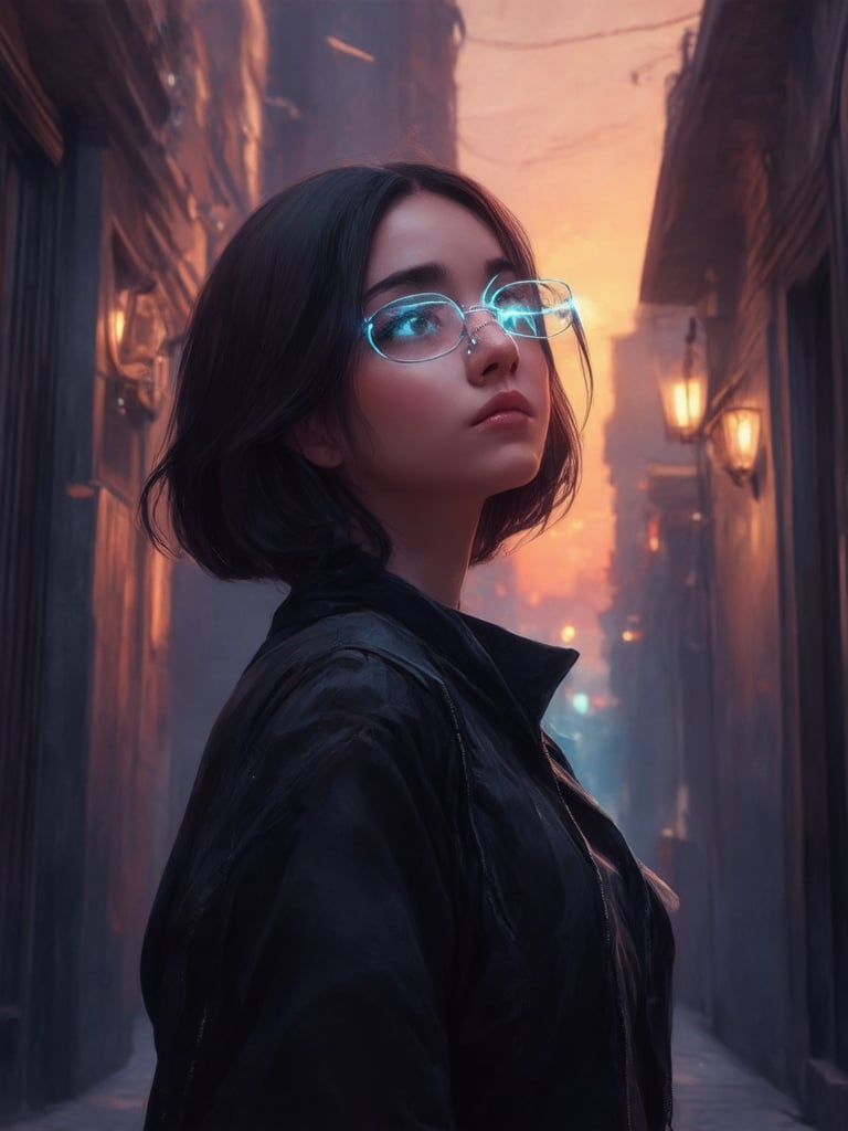 In a dystopian cyberpunk cityscape, a captivating girl with clear neon glasses gazes upward, her piercing eyes aglow in the dimly lit alleyway. The golden ratio guides the composition as she stands amidst intricate, decadent details and ornate architecture. In stunning 32K UHD, her smooth, sharp-focused features are rendered in a digital painting style reminiscent of Artgerm's work. The warm lighting accentuates her face, with subtle light leaks and subsurface scattering adding depth to her expression. The vibrant complementary colors of the setting sun create a beautiful, uplifting atmosphere, as if ever after high, with heartwarming charm.