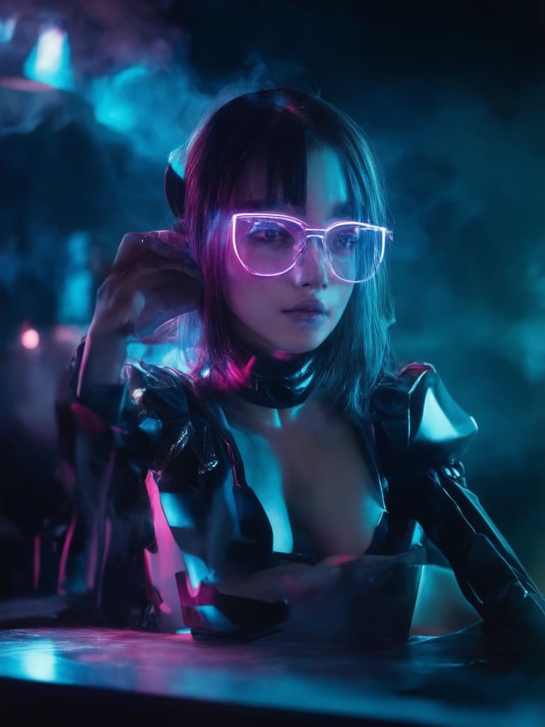 A cyberpunk girl with clear neon glasses sits in a dimly lit, smoky bar. The golden ratio is evident in the composition of the shot, with the subject placed off-center to create visual interest. Her intricate, decadent costume shines in 32k UHD resolution, with sharp focus on her detailed face and eyes. A heartwarming, uplifting atmosphere fills the scene, lit by rim light and subsurface scattering. Vibrant complementary colors pop against a deep background, inviting the viewer into this octane-rendered fantasy world.