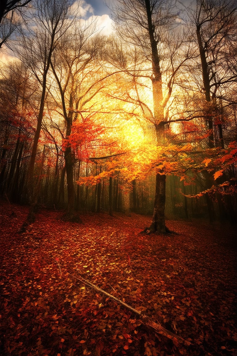 A golden light casts a warm glow over a rustling forest floor, where fallen leaves swirl in vibrant shades of amber and crimson. A lone tree stands tall, its branches etched against the sky like a delicate pen and ink drawing. The air is crisp with the scent of woodsmoke and damp earth.