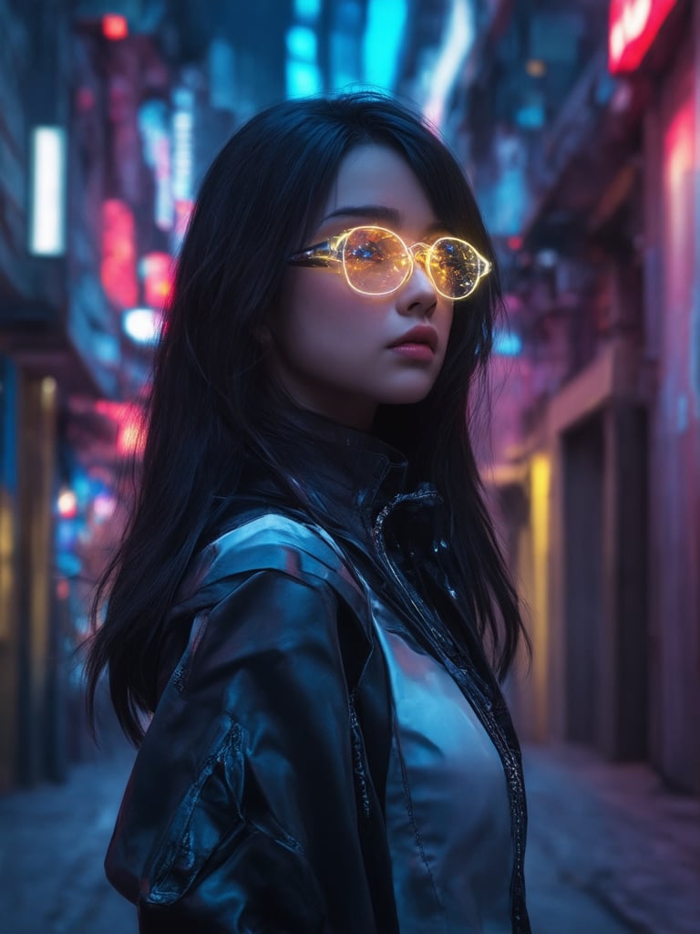 A cyberpunk girl gazes dreamily into the distance, her clear neon glasses glinting like diamonds in the dimly lit alleyway. The golden ratio guides the composition, as intricate details on her outfit seem to pulse with an otherworldly energy. In 32K UHD, every strand of hair and fiber of clothing is rendered in exquisite detail. Against a deep, vibrant background, she stands out like a beacon, her eyes shining like stars under the city's neon canopy.