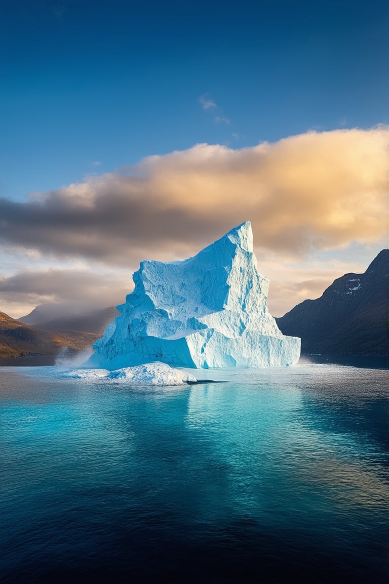 A mystical iceberg rises from the crystal-clear waters of a tranquil fjord, its majestic peak piercing the cerulean sky. The surrounding landscape is bathed in a warm, golden light, with wispy cirrus clouds drifting lazily across the horizon. In the foreground, delicate sea spray dances across the surface of the water, creating a mesmerizing display of light and shadow.