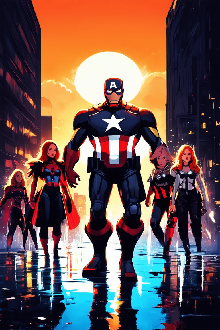 A vibrant and energetic illustration of Marvel's iconic characters, 'Bright' style, set against a bold and dynamic cityscape at dusk, with neon lights reflecting off wet asphalt. Captain America stands tall, shield aglow, surrounded by Iron Man, Black Widow, Thor, and other Avengers in a striking formation, bathed in a warm orange glow.