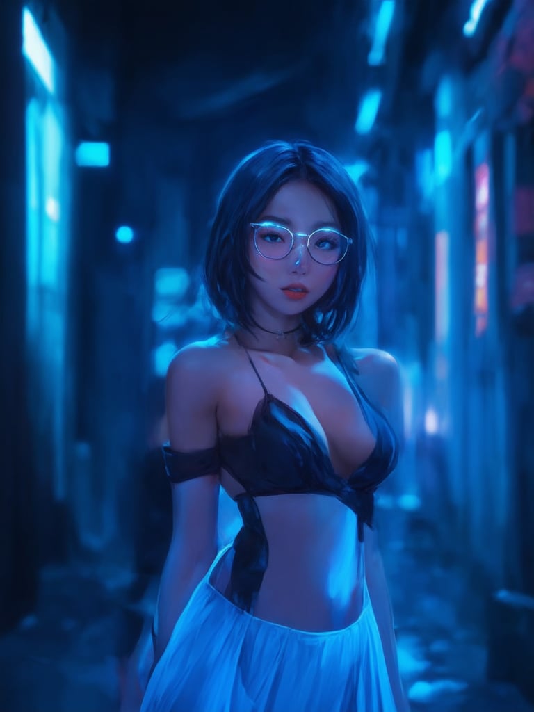 In a neon-drenched cyberpunk alleyway, a charismatic girl stands out against the dark backdrop. She wears clear glasses with glowing blue frames, her piercing gaze enhanced by intricate, detailed features. The golden ratio guides the composition as she poses confidently, her slender figure accentuated by flowing attire. UHD details shine through in her expressive eyes and face, a masterpiece of digital painting. Soft light leaks and subsurface scattering create an inviting atmosphere, while rim lighting adds depth to her features. Vibrant complementary colors pop against the muted urban landscape, with sharp focus drawing attention to every delicate detail.