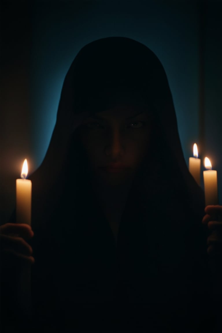 A cinematic close-up of a mysterious figure shrouded in darkness, illuminated only by the faint glow of candles, their pretty features barely visible. The shadows cast an air of intrigue, as if secrets are hidden within the darkness.