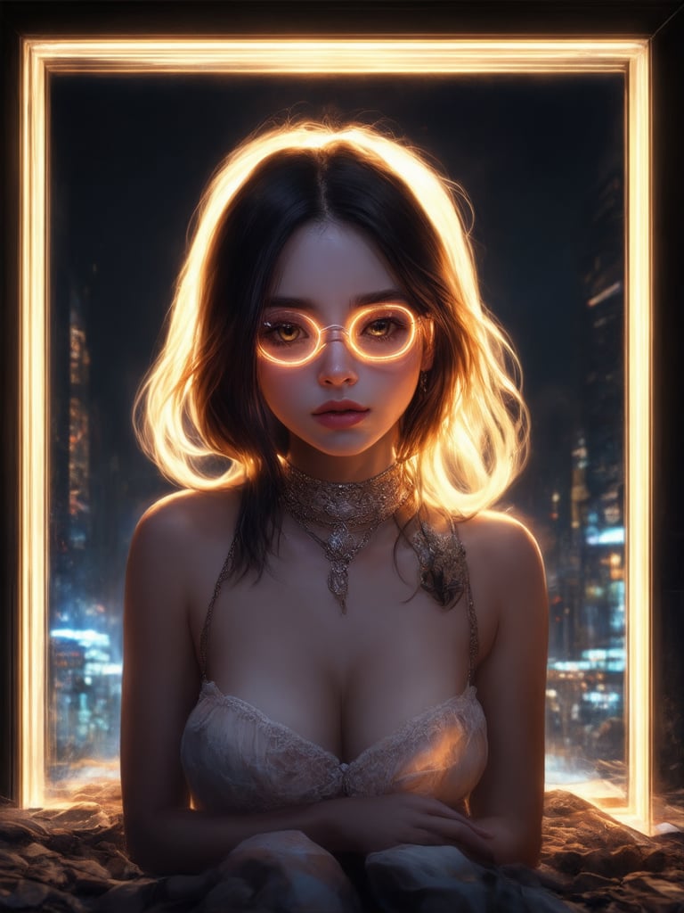 A cyberpunk girl with clear neon glasses sits amidst a futuristic cityscape, bathed in warm golden light. Her intricate details, like delicate jewelry and ornate makeup, are showcased within the golden ratio-framed composition. In stunning 32k UHD, her ever-after high fantasy world comes alive with vibrant colors and sharp focus. Inspired by artgerm, loish, and wlop, this masterpiece features detailed eyes that seem to sparkle with an otherworldly intensity. Light leaks and subsurface scattering create a sense of depth, while rim light adds dimensionality. The background is a deep, mysterious void, allowing the subject's charm and whimsy to take center stage in this heartwarming, uplifting, and captivating digital painting.