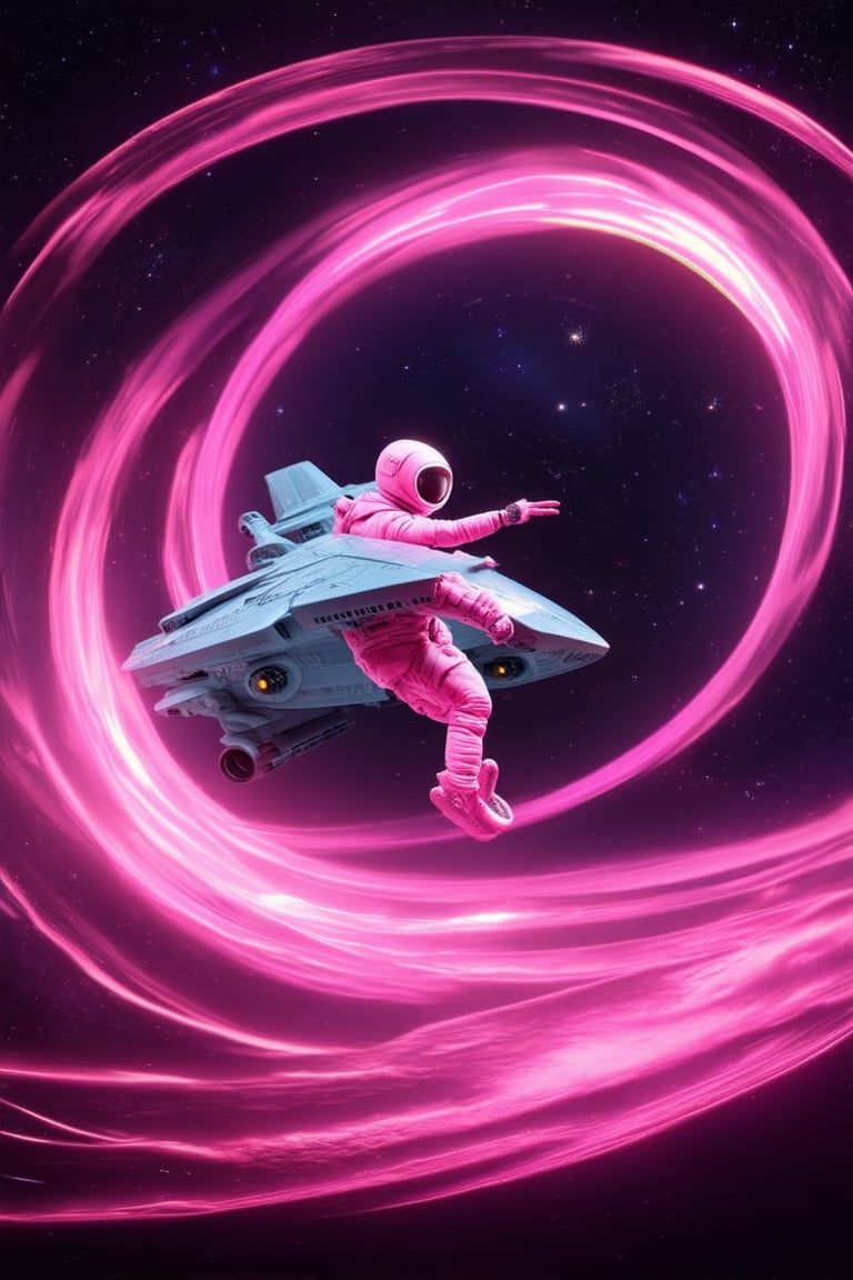 A futuristic 3D pink space scene: A sleek spaceship with neon pink accents emerges from a swirling vortex of iridescent pink gas and stars. The ship's metallic surface glows with a soft pink luminescence, set against a deep purple background. In the foreground, a lone astronaut in a pink spacesuit floats, hand outstretched as if embracing the cosmos.