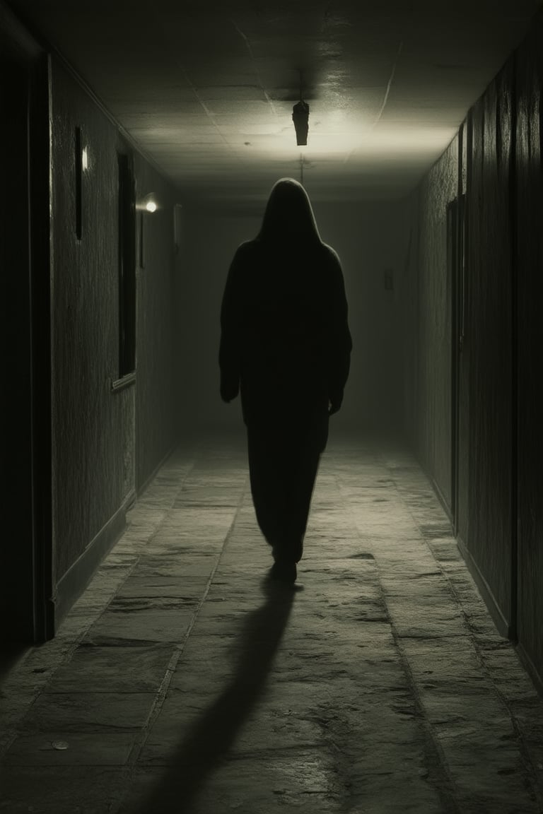 A dimly lit corridor stretches before a lone figure, shrouded in darkness. The only sound is the soft crunch of footsteps on worn stone floorboards. Flickering torches cast eerie shadows, illuminating the subject's determined gaze. The air is heavy with anticipation as they move forward into the unknown.