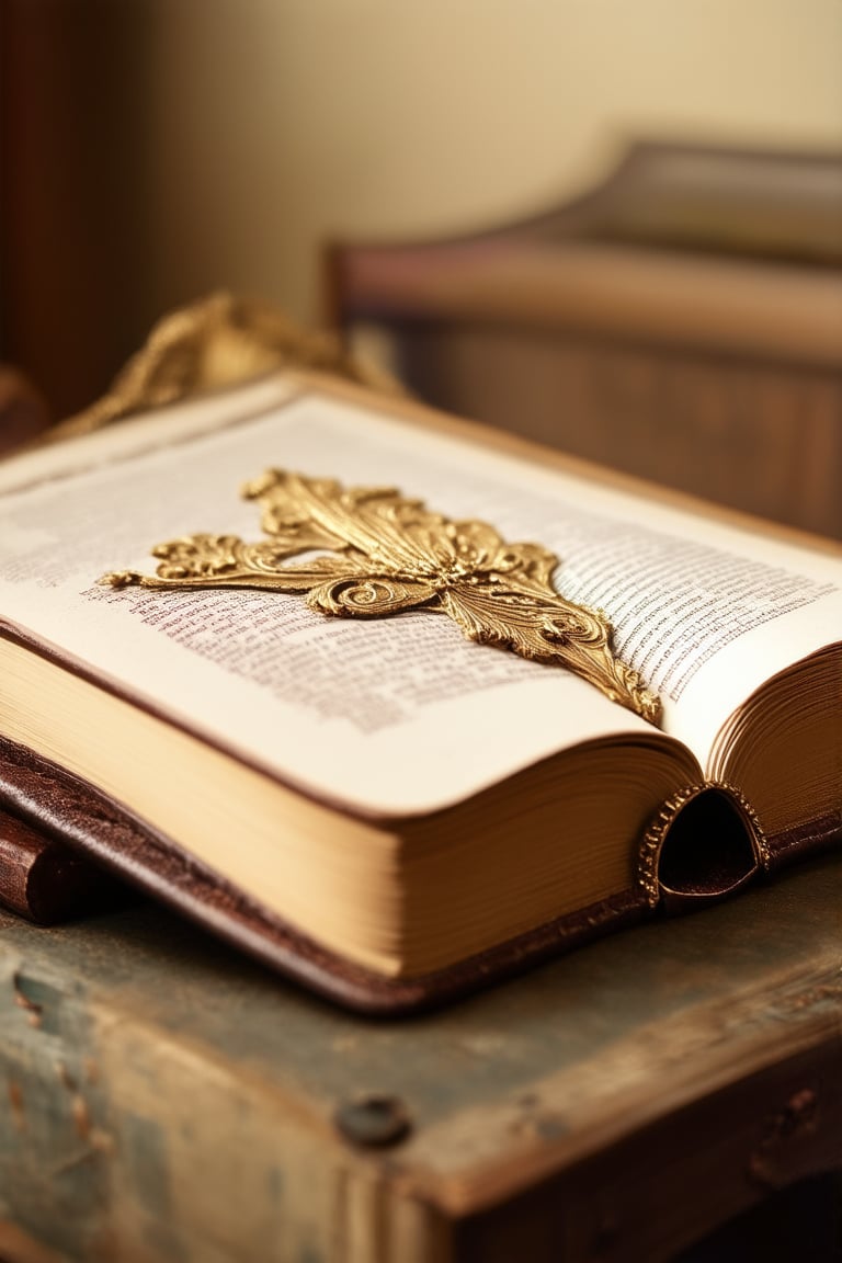 A cinematic close-up shot of a worn leather-bound book, adorned with golden filigree and ornate designs, lies open on a worn wooden desk. The pages crackle with age as they reveal a legendary tale of old. Soft focus, warm lighting, and rich tones evoke a sense of mystique and nostalgia.