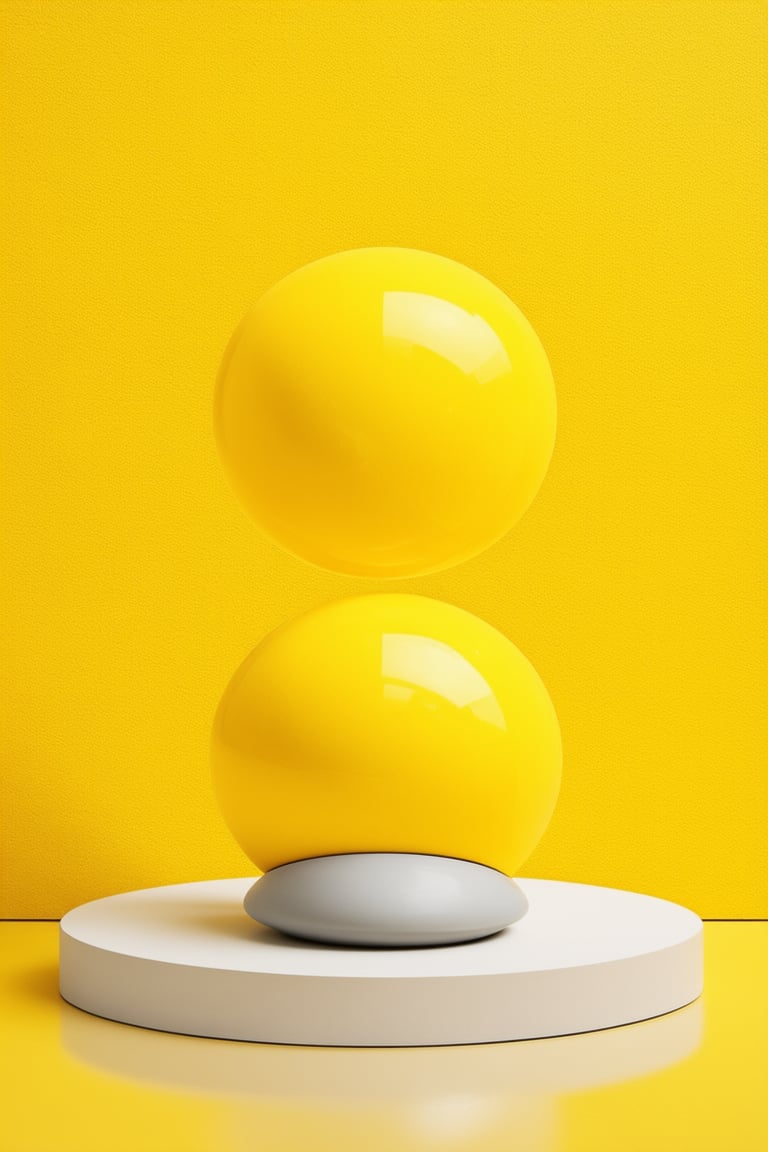 A vibrant yellow hue dominates this composition, evoking warmth and energy. A simple, yet striking, yellow background sets the tone for a bold color palette. In the foreground, a bright yellow sphere or ball sits atop a minimalist pedestal, its smooth surface reflecting the surrounding light. The overall aesthetic is one of joyous simplicity, perfect for highlighting a sense of optimism or celebrating a milestone.