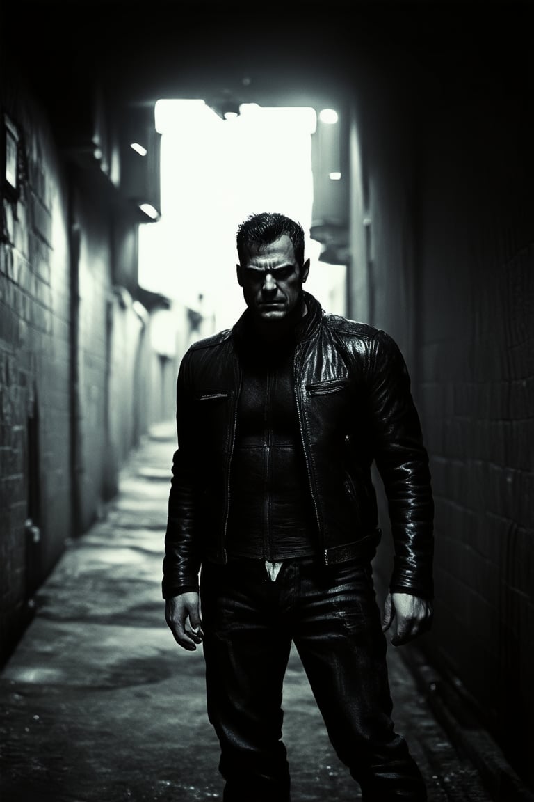 A dark hero stands tall in a dimly lit alleyway, surrounded by towering shadows. His rugged face, illuminated only by the faint glow of streetlights above, wears a brooding expression. A black leather jacket, worn and weathered, hangs effortlessly from his broad shoulders, as he surveys the desolate landscape with an air of quiet determination.