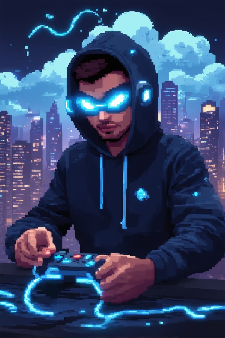 A futuristic gamer sits at a sleek, neon-lit console, surrounded by swirling clouds of code and glowing blue wires. The gamer's eyes glow with an intense focus, their fingers dancing across the controller as they navigate a virtual world. A hoodie with glowing LED trimmings frames their face, while a vibrant cityscape stretches out behind them, bathed in a warm, pixelated light.