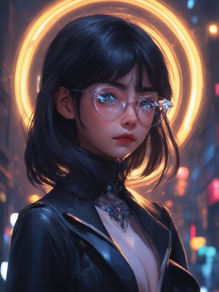 In a neon-lit cyberpunk cityscape, a captivating girl with clear glasses and intricate details stands out against the golden ratio-inspired backdrop. Her decadent outfit shines in smooth, 32K UHD resolution, with ever-so-delicate facial features and mesmerizing eyes that seem to sparkle like diamonds. The composition is a masterpiece of high-quality illustration, as if artgerm, loish, or wlop had brought her to life. A heartwarming and uplifting aura surrounds her, illuminated by rim light, subsurface scattering, and beautiful lighting effects that dance across her face.