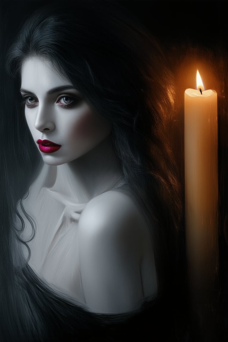 A moody portrait of a mysterious woman shrouded in darkness, her porcelain skin illuminated by a soft, golden glow emanating from a nearby candle. Her raven hair cascades down her back like a waterfall of night, framing her enigmatic features. A hint of crimson lip color adds a touch of sensuality to her otherwise somber expression.