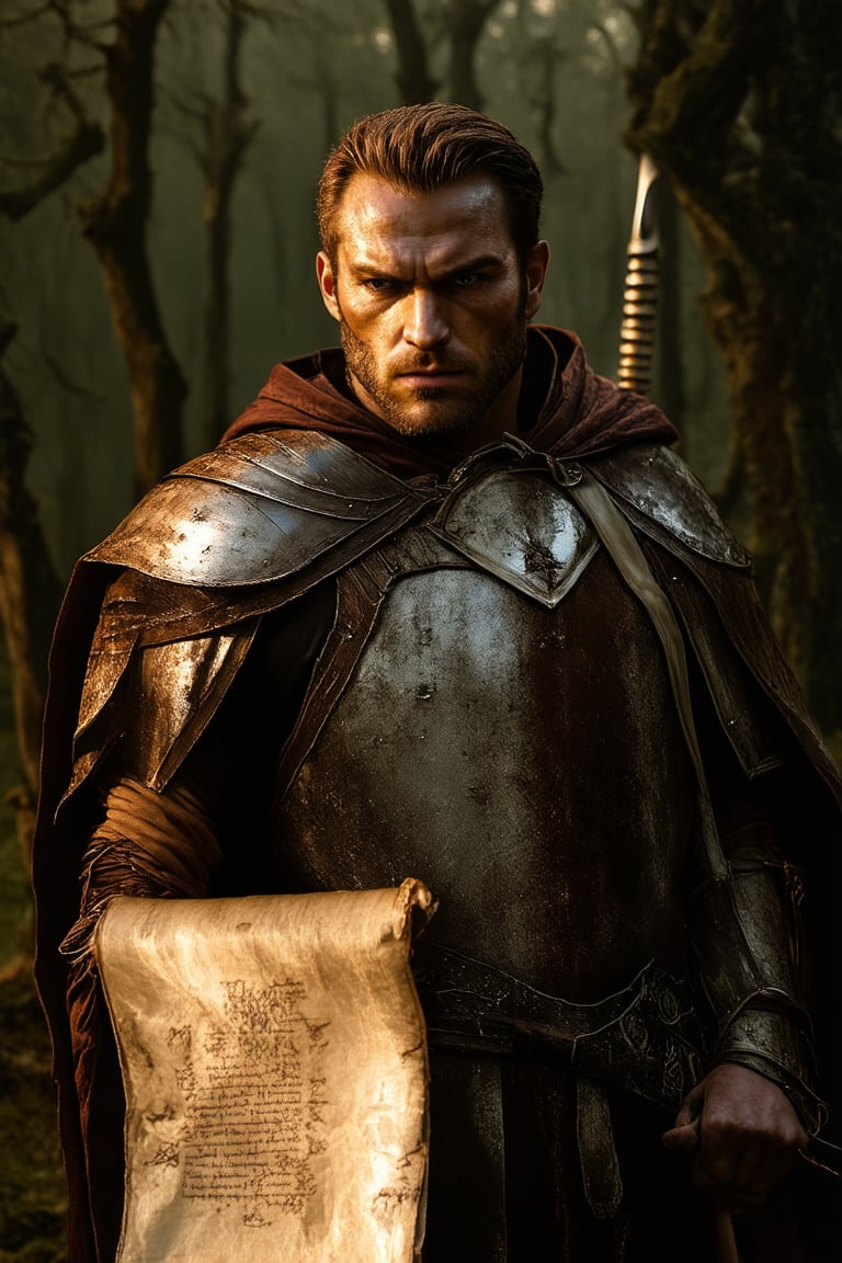 A cinematic close-up shot captures a weathered warrior's determined gaze, illuminated by warm golden light. The rugged hero's worn leather armor and faded cape contrast with the dark, mystical forest background, where ancient trees loom like sentinels. The subject stands firm, one hand grasping a trusty sword, the other holding a tattered scroll with ancient runes.