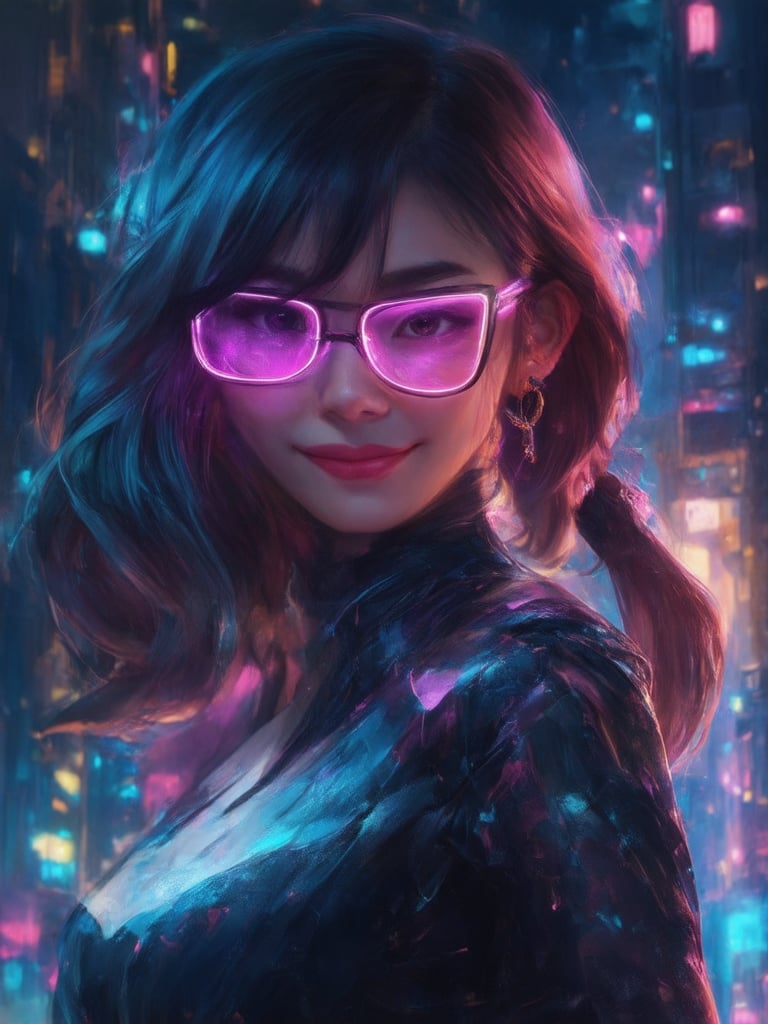 A mesmerizing cyberpunk girl, donning clear neon glasses, posed amidst a futuristic cityscape. Golden ratio details subtly integrated into the design. UHD mastery evident in the 32k resolution. Fantasy elements woven seamlessly into the narrative. The subject's intricate attire and decadent accessories radiate an air of enchantment. A masterpiece of digital painting, reminiscent of artgerm's style. Sharp focus and smooth textures draw the eye to the protagonist's charming, heartwarming smile. Lighting effects include light leaks, subsurface scattering, and rim lighting, casting a warm glow on the scene. The deep background features vibrant complementary colors, elevating the overall artwork to new heights.