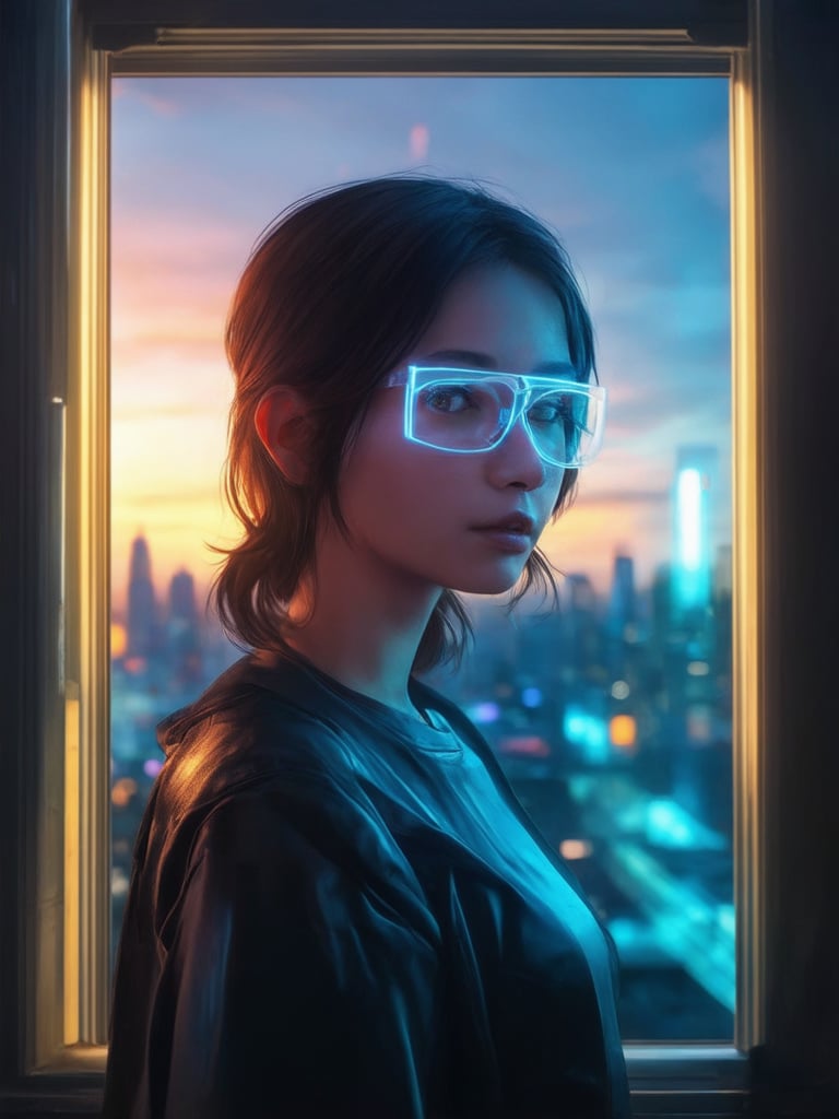 A cyberpunk girl, donning clear neon glasses, stands amidst a futuristic cityscape at sunset. Framed by a window's golden ratio composition, she gazes out at the neon-drenched metropolis. In 32K UHD, intricate details dance across her face, illuminated by rim light and soft subsurface scattering. Eyes shine with warmth, while the background glows with vibrant complementary colors. Sharp focus ensures every nuance is rendered in smooth, high-quality illustration, reminiscent of Artgerm's or Loish's masterpieces.