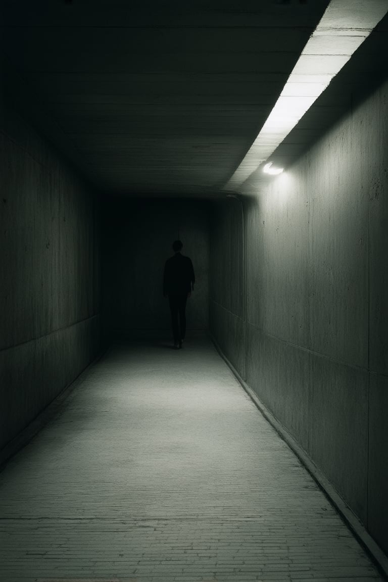 A dimly lit corridor stretches into an unknown distance, shrouded in a logical darkness where only faint LED strips illuminate the path ahead. Shadows dance across worn concrete walls as a lone figure, shrouded in mystery, takes hesitant steps forward.