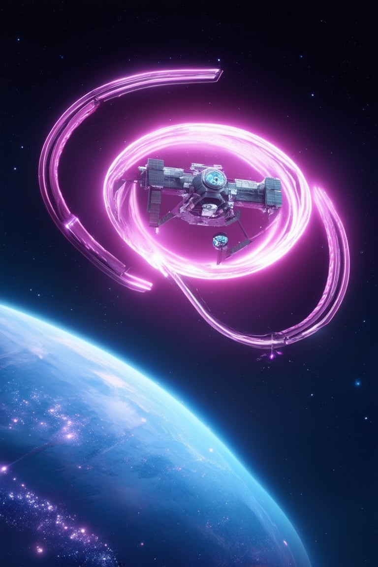 A futuristic 3D pink space station hovers in mid-air, surrounded by swirling purple and blue lights. The curved metal structure glows softly, with a warm pink hue illuminating the intricate details of the habitat module. Against a dark background, stars and planets twinkle like diamonds, as a lone astronaut floats nearby, gazing out at the infinite cosmos.