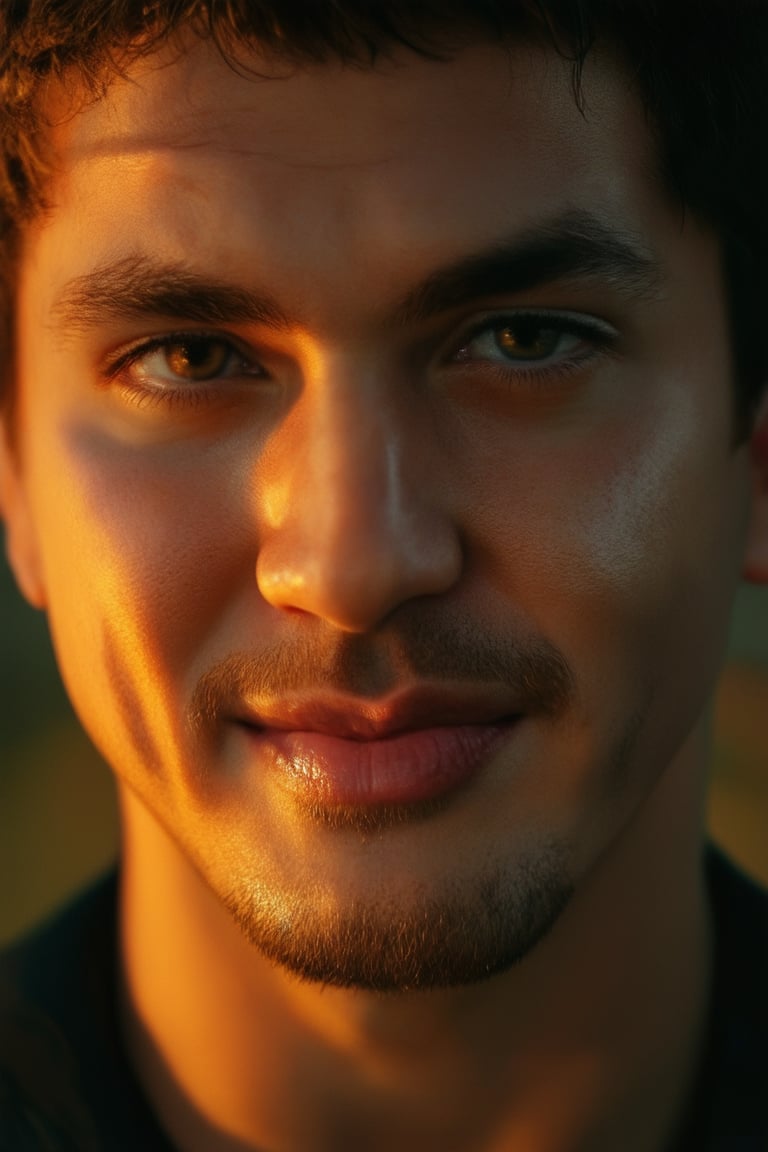 A close-up shot of Jero's face, with a warm golden light casting an intimate glow on his features. His eyes gaze directly into the camera, filled with determination and confidence. A hint of smile plays on his lips, conveying a sense of calm authority. The background is blurred, focusing attention solely on Jero's powerful presence.