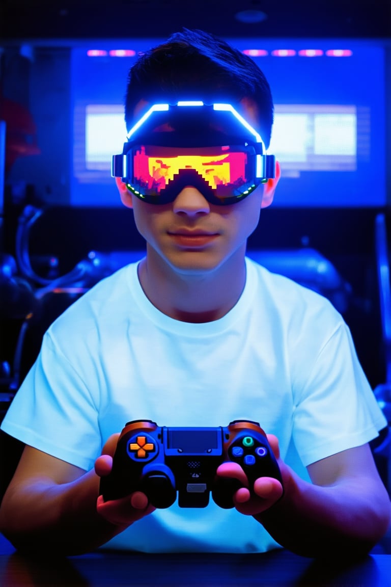 A close-up shot of a youthful gamer, sporting neon-lit goggles and a pixelated t-shirt, sits in front of a glowing screen with a controller in hand. The dimly lit room is filled with the hum of machinery and the soft glow of console lights. The gamer's eyes gleam with excitement as they anticipate their next move.