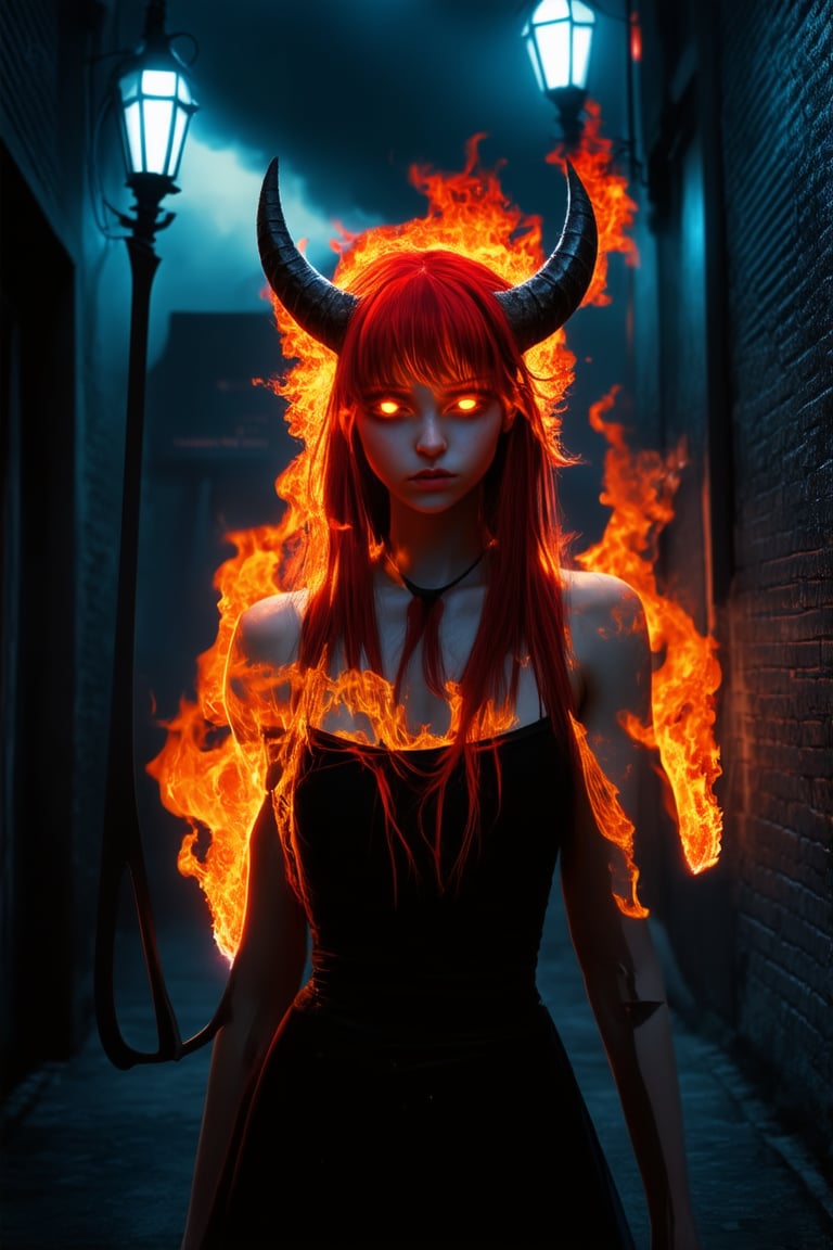 A fiery young woman with horns and a pitchfork, standing defiantly in a dark alleyway at dusk. The streetlights casting an eerie glow on her crimson hair and fiery skin, as she gazes out with a mischievous glint in her eye.