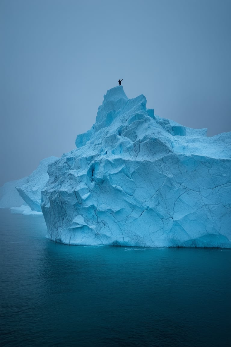 A majestic iceberg floats serenely amidst a mystical fog, its crystalline peaks glistening like shards of celestial glass. The camera captures a low-angle shot, emphasizing the iceberg's monumental scale as it rises from the mist-shrouded sea. Soft, ethereal lighting illuminates the scene, casting an otherworldly glow on the surrounding water and ice. A solitary figure stands at the edge, gaze fixed upon the frozen wonder, while wispy tendrils of fog curl around their feet like ghostly tentacles.