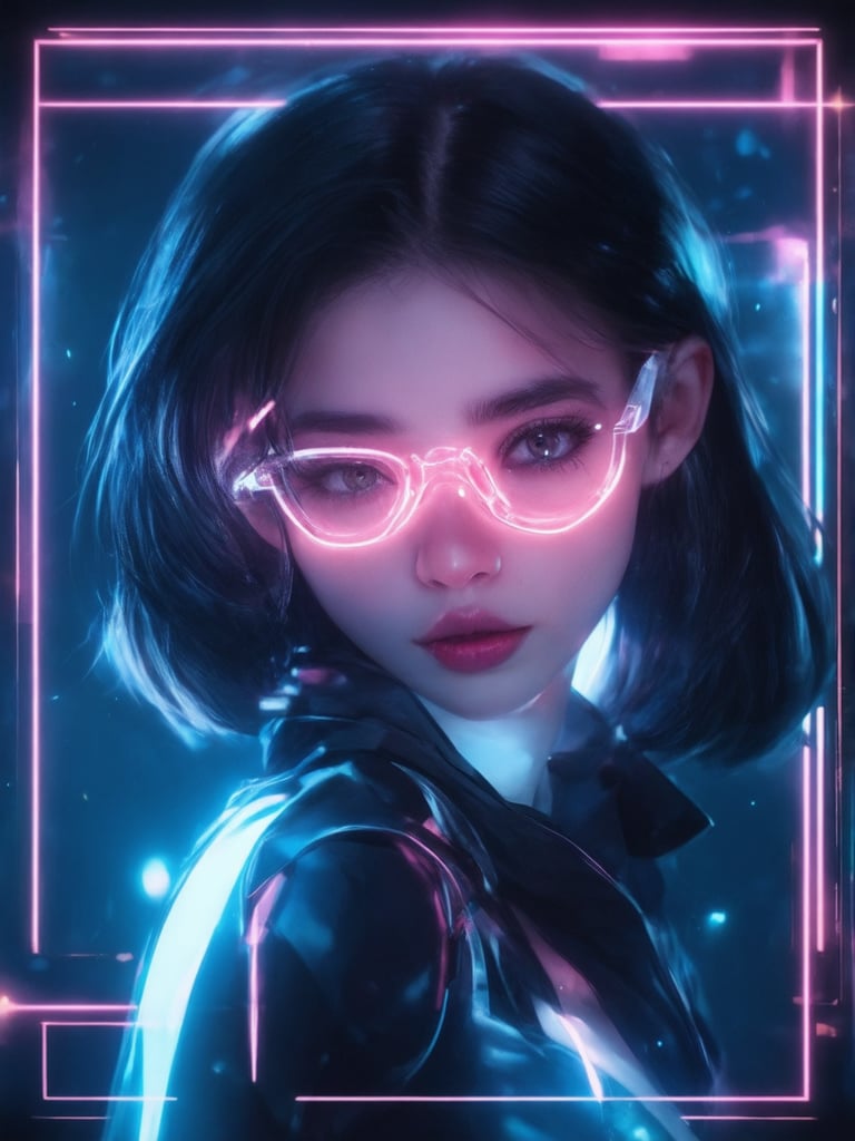 A captivating cyberpunk girl wearing clear neon glasses, set against a vivid digital backdrop. Framed by the golden ratio, she poses confidently with intricate details on her attire and surroundings. Sharp focus and smooth textures bring out the highest quality illustration, reminiscent of Artgerm's style. Heartwarming and uplifting, her charming expression radiates joy. The scene is bathed in beautiful lighting and shading, featuring light leaks, subsurface scattering, and rim light. A masterpiece of fantasy and cyberpunk, with detailed eyes and face, set against a deep background of vibrant complementary colors.