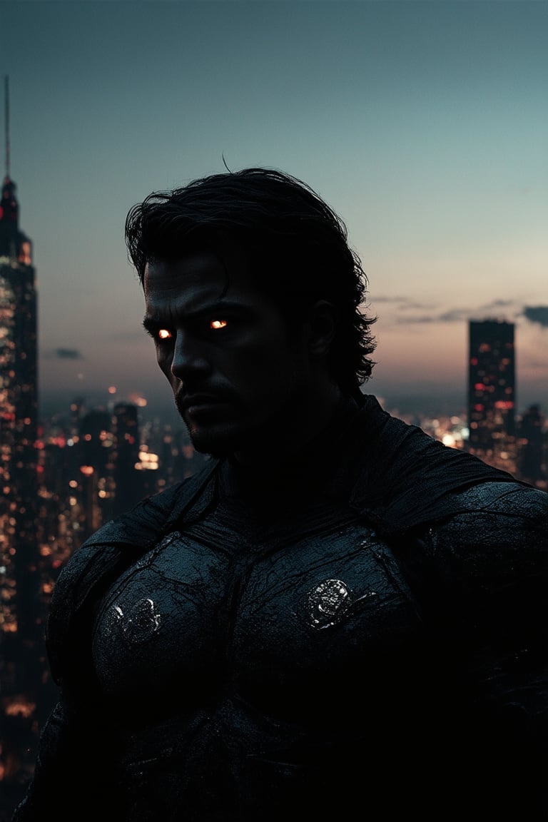 A dark and gritty cityscape at dusk, with a lone figure in the shadows. A brooding hero stands tall, his silhouette stark against the neon-lit skyscrapers. His eyes burn with intensity, his jawline defined by the faint glow of city lights reflecting off his rugged features. The darkness surrounds him like a shroud, yet he radiates an aura of power and justice.