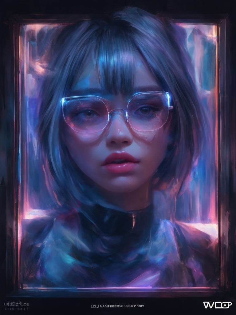 In a vivid cyberpunk setting, a captivating girl with clear neon glasses gleams like a digital gem. Framed against a mesmerizing backdrop of intricate, decadent details, she exudes heartwarming charm. Golden ratio harmonies govern the composition as her eyes sparkle with octane render precision. Her face, a masterpiece of highest quality, radiates loish-like smoothness and sharp focus. Light leaks dance across her features, accentuating subsurface scattering and rim light effects that evoke artstation-quality shading. The vibrant complementary colors in the deep background add depth, as if wlop's brushstrokes brought this UHD digital painting to life.