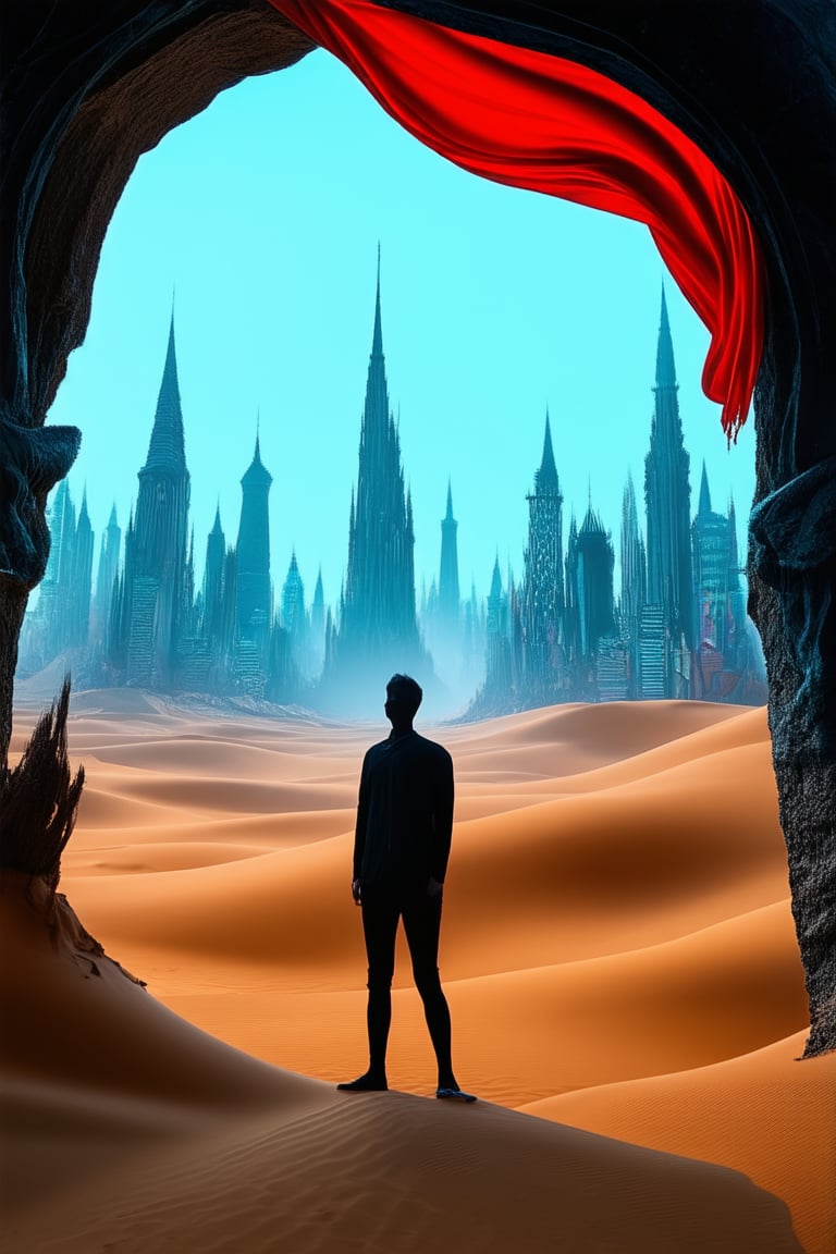 A surreal landscape unfolds: a vibrant, glowing cityscape rises from the sand dunes like an ancient dream, with towering spires and twisting archways shrouded in misty fog. In the foreground, a lone figure stands, eyes closed, surrounded by fluttering wisps of iridescent fabric.