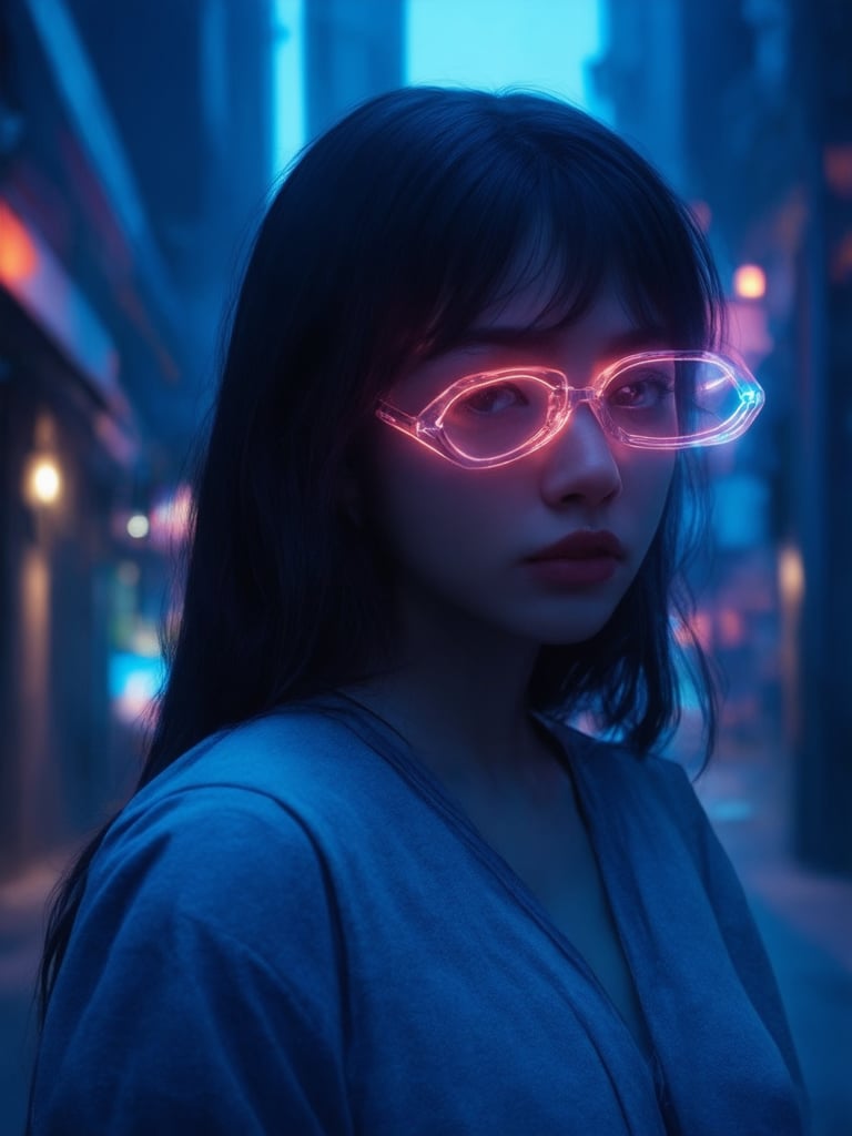 In a dystopian metropolis, a cyberpunk girl stands out amidst the neon-lit chaos. She wears clear neon glasses that glow with an otherworldly intensity, her gaze piercing through the dark alleys. Her golden ratio-perfect features are intricately detailed in 32K UHD, exuding a sense of fantasy and wonder. The background is a deep, vibrant blue, punctuated by light leaks and subtle subsurface scattering, as if the very city itself is alive. Rim light accents her angular profile, while sharp focus draws attention to her captivating eyes and every detail of her charming expression.