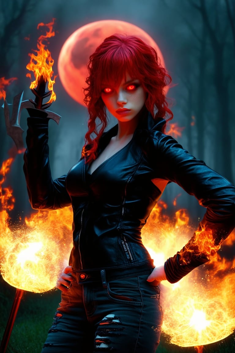 A sultry, red-haired girl, dressed in a tight-fitting black leather jacket and ripped jeans, poses confidently with one hand on her hip. Her other hand grasps a fiery trident, its flames dancing in sync with the sparks in her eyes. A dark, misty forest looms behind her, illuminated only by an eerie, glowing red crescent moon.