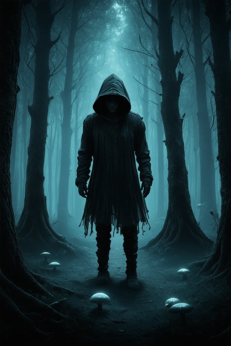 A hauntingly beautiful prompt! Here's a description:

A mysterious figure stands alone in the shadows of a dense forest, illuminated only by the faint glow of luminescent mushrooms scattered across the dark floor. The subject's features are obscured by a hood, but their piercing gaze seems to pierce through the darkness, as if searching for something just out of reach. The trees loom above, like sentinels guarding ancient secrets.