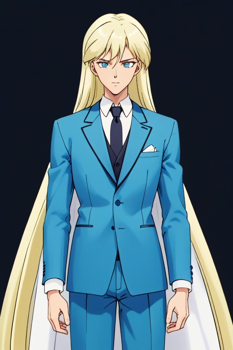 Create a very tall man with a height of 1.96 m, with a sporty figure. A muscular physique, a combination of Asian and European appearance, almond-shaped eyes, prominent high cheekbones give him a very expressive look. very long straight platinum hair, below the shoulders, long bangs. Blue eyes.  A facial expression that often reflects a combination of tension and calm. Having a generally elegant and charismatic appearance, a tuxedo. next to a short blonde girl about 1.6 meters tall. Long golden hair tied with a scarlet ribbon. blue eyes, fair skin and a slender figure (pear-shaped body). The eyes are a rich blue color, and the facial expression combines elegance with a strong and confident posture.  in love. 8K,SamYoung_Illustration,niji style,Kunzite,SMV4,Malachite