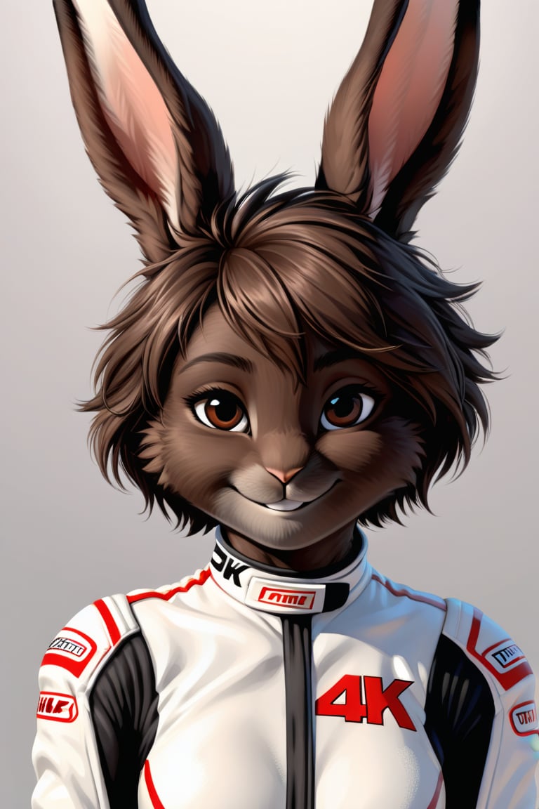 4k, extremely detailed, masterpiece, anthro, furry, anthropomorphic, female, blank background, smooth lighting, female rabbit, dark brown fur color, dense fur, fluffy fur, white racing suit, white racing gloves, young, smile, short hair, portrait, ((dark brown face fur,)) cheek fur