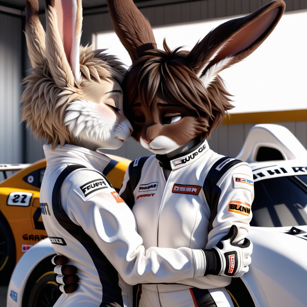 4k, extremely detailed, masterpiece, anthro, furry, anthropomorphic, female, blank background, smooth lighting, female rabbit, dark brown fur color, dense fur, fluffy fur, white racing suit, white racing gloves, young, half closed eyes, tired, short hair, tired eyes, garage background, multiple characters, being hugged