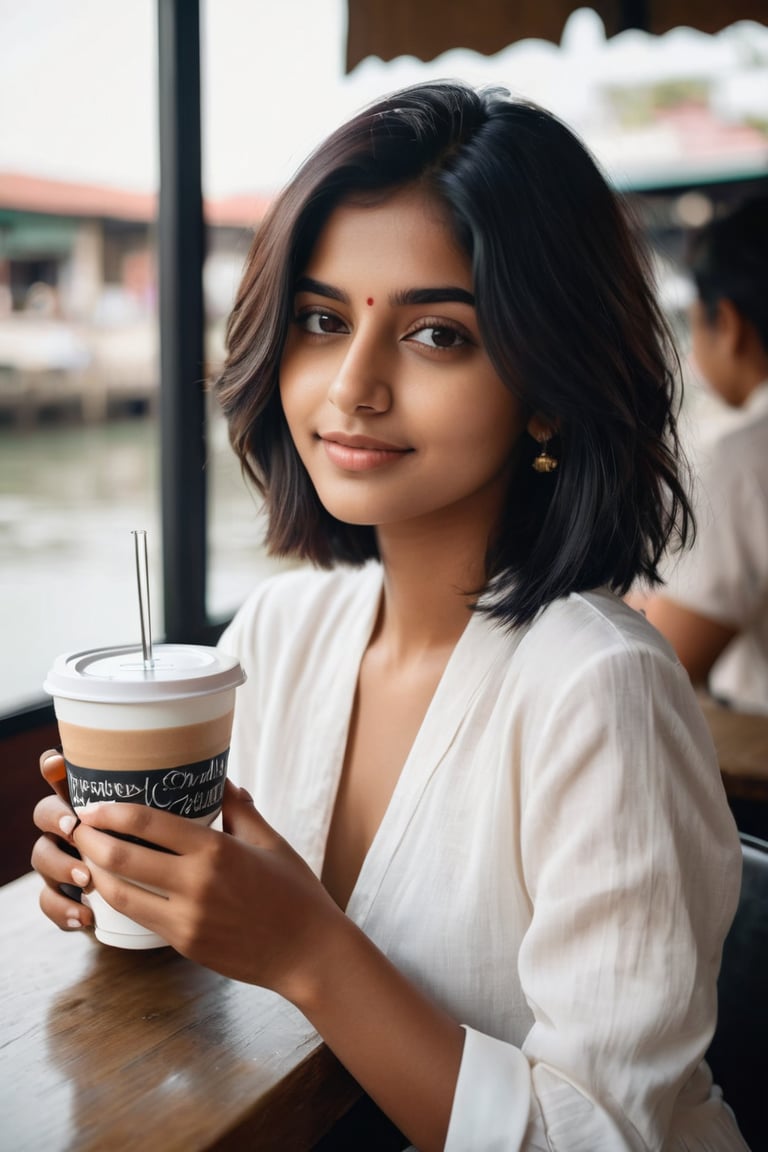 A photojournalist portrait of an 25-year-old Indian girl with captivating beauty her hair styled in a chic bob and dyed a mesmerizing white dressed in a simple black and jeans that highlight her natural beauty.The background should depict a relaxed coffee shop setting, with soft lighting, comfortable seating, and people enjoyingThere water glass and conversation, The girls expression should be one of peace and contentment, showcasing her enjoyment of the moment