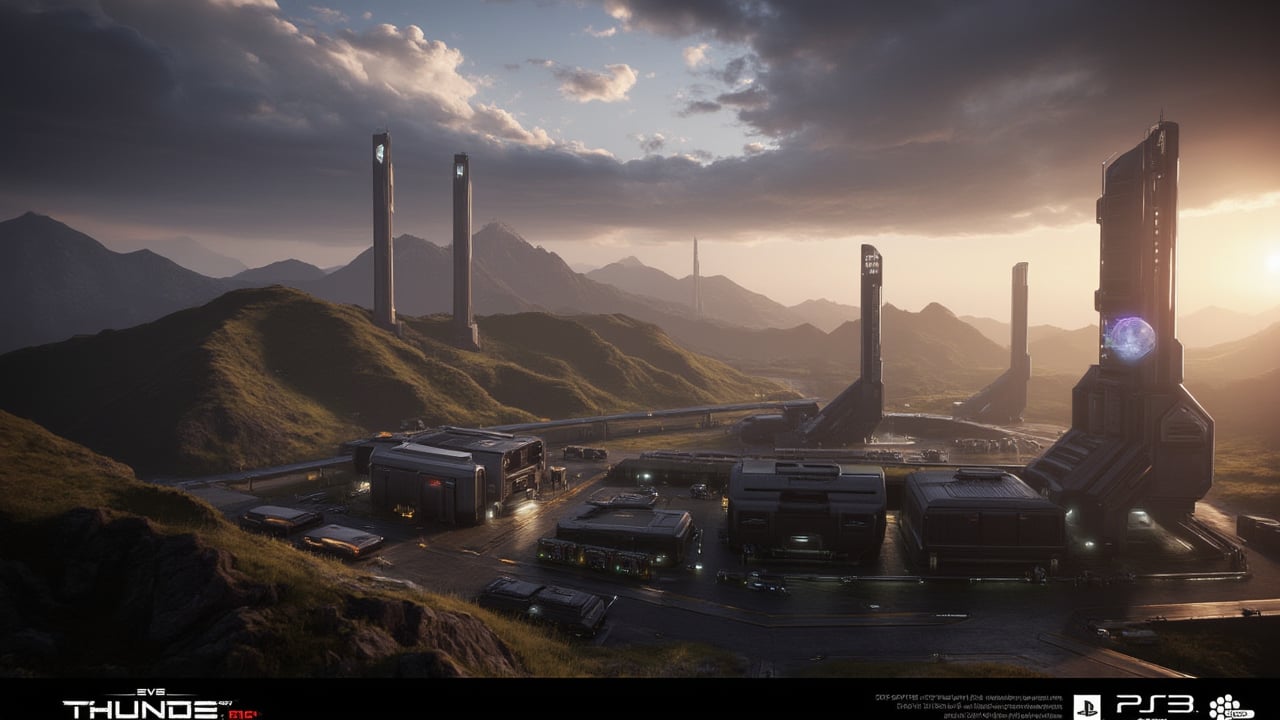 Futuristic thundra industrial site. Gallente MCC, dramatic sky. Magic hour. Cinematic