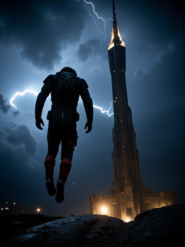 Gallente dropsuit jump from big tower, night, heavy clouds with lightings in background. 