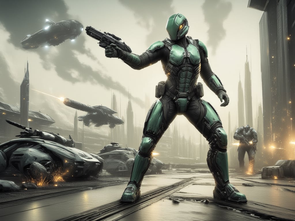 Futuristic thundra industrial site. Solo gallente haevy dropsuit standing on battlefield, Full body. Green heavy dropsuit holding heavy gun and pointing on flying gallente dropship. ,amarr,caldari,minmatar, calligraphy ink style,in a faded smudged brush strokes