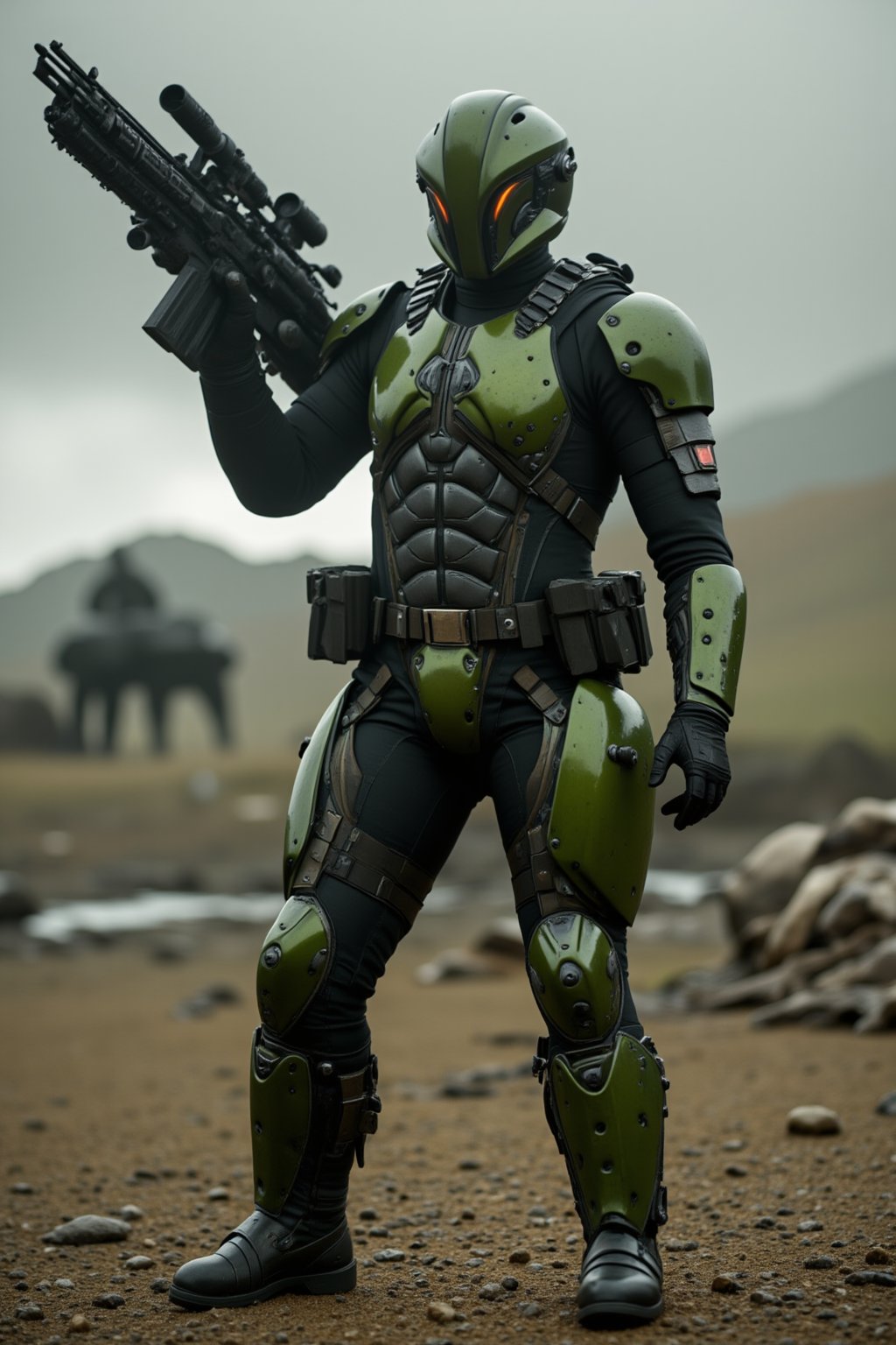 Solo gallente haevy dropsuit standing on battlefield, Full body. Green heavy dropsuit holding heavy gun and pointing on flying dropship. Cinematic.,amarr,caldari,minmatar, 