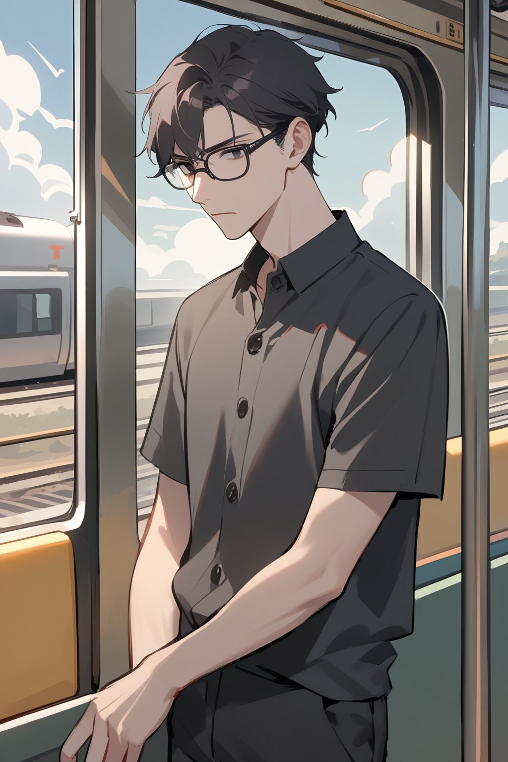 1 male, solo, 21, normal hair, looking, cold, expressionless, bangs, black eyes, glasses, slacks, button shirts, horn-rimmed glasses, black hair, short sleeves, outdoor, sky, day, clouds, black pants, angry, arm-length, black shirt, ground vehicle, train interior, standing