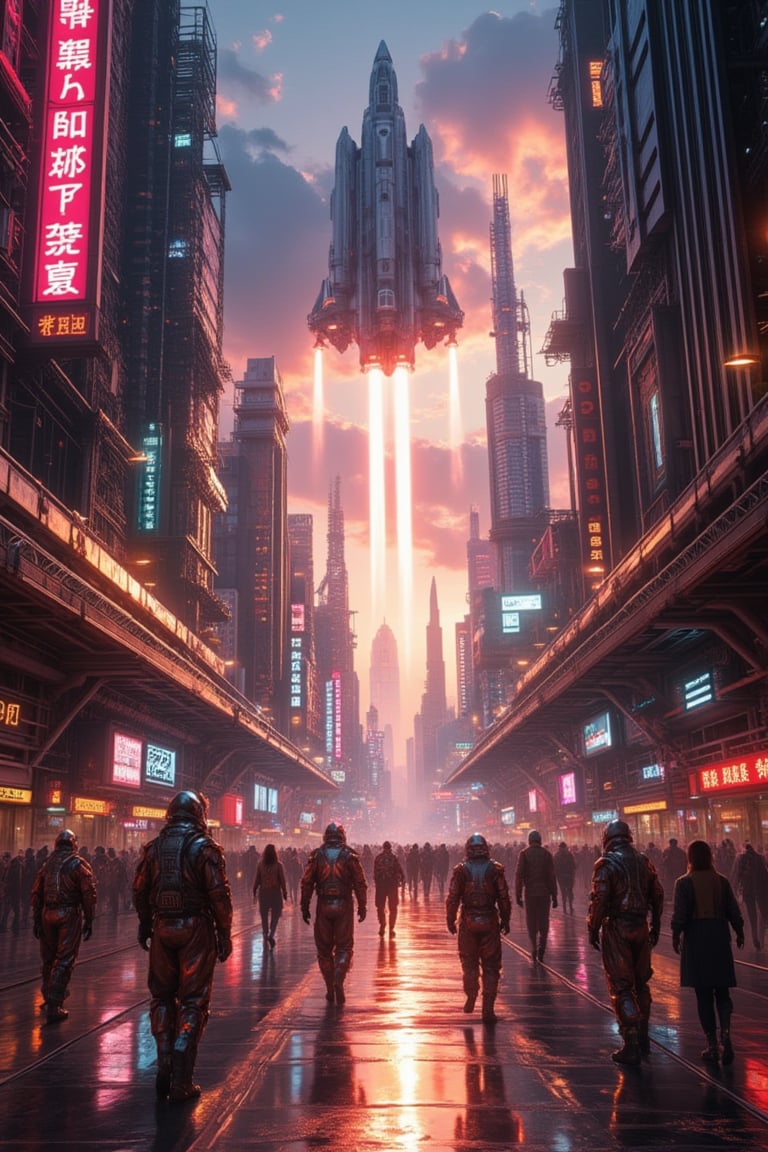 A futuristic galactic cityscape at dusk, with neon-lit skyscrapers and holographic advertisements reflected in a bustling spaceport's gleaming steel floor. A sleek, silver spaceship takes off into the crimson-orange sky as pedestrians in metallic jumpsuits hurry to their next destination amidst towering, angular architecture.