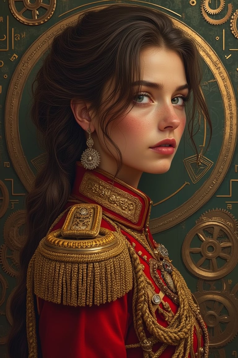 full body, Portrait of a girl in officer's ceremonial tunic, loose brown hair, dieselpunk, aristocrat, model face, max detailing, realism, cogs in the background, monograms on background, Ian McQue style, Russian empire, British empire, strongs colors, (artstation), 8k, intricate details, vintage, retro futuristic style, detailed illustration, side view