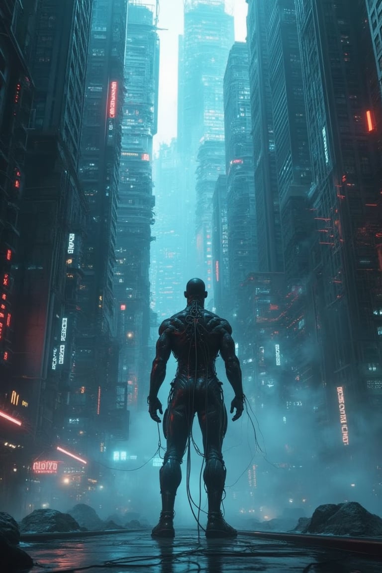 A photo of a towering, futuristic cityscape with skyscrapers densely packed together, emanating a radiant glow of red and blue lights. In the foreground, a humanoid figure stands, appearing muscular and metallic, with wires or cables connected to its body. The atmosphere is thick with a misty or smoky haze, adding to the dystopian or cyberpunk ambiance of the scene.