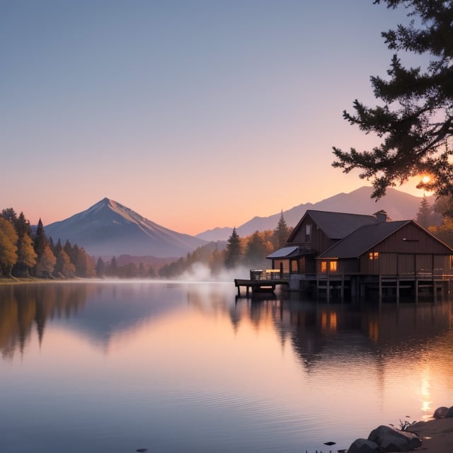 Create a tranquil scene set at the edge of a serene lake during the golden hour, just before sunset. The sky is painted in soft shades of pink, orange, and purple, reflecting beautifully on the calm water. In the foreground, there's a cozy wooden dock extending into the lake, with a couple of Adirondack chairs facing the water. Surrounding the lake are lush, green trees with a few leaves starting to turn autumnal shades. The air is still, and there's a slight mist rising from the water. A few distant mountains are visible in the background, adding to the sense of peace and isolation. The entire scene exudes a warm, calming atmosphere.