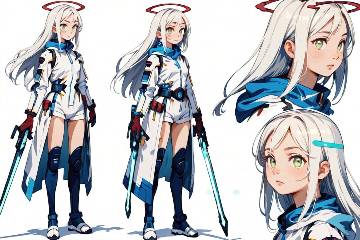 masterpiece, highly detailed, centered, Reference Material, character sheet, conceptart,multiple views,white background,simple background, multiple views of the same character, (full body), 1girl, white hair, long straight hair, angel halo, green eyes, holding a sci-fi sword, by Takeuchi Seihō, neo-figurative, techwear clothes, skin tight suit, strap belt, white hoodie, blue archine inspired, Expressiveh, Ultra HD, 4k image, (full body, from side, front),
charactersheet,kidz,pastelmix